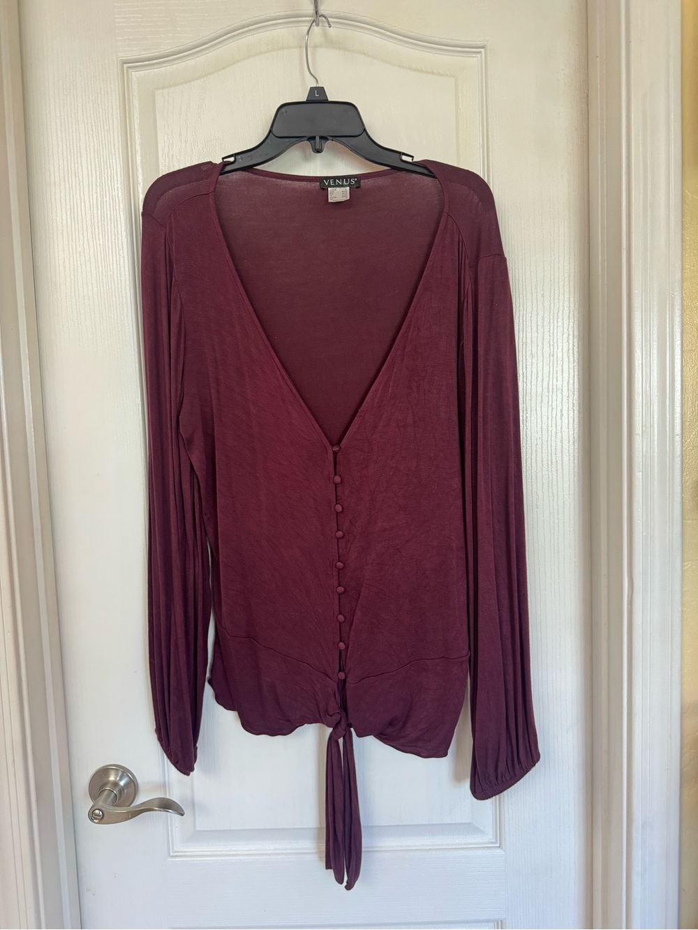 VENUS Wine Button-Front Tie Hem Long Sleeve Top